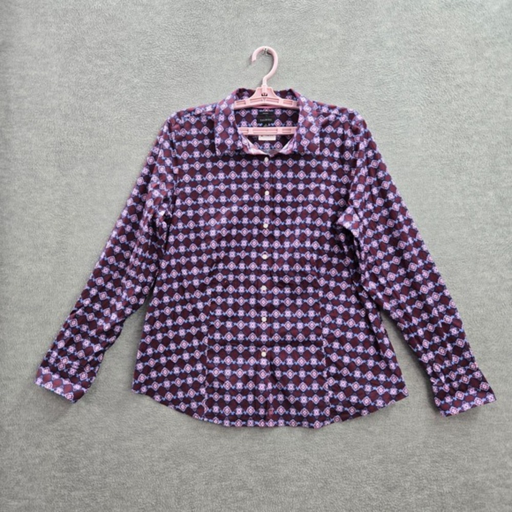Talbots Women Button Up Shirt 14 Maroon Geometric Knit Collared Button Front